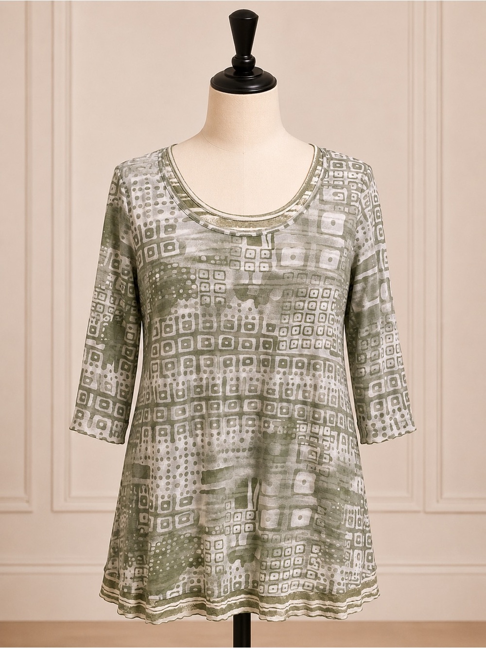 Tribal Olive Green and White Geometric Scoop-Neck Tunic